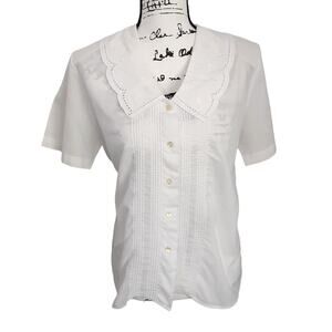 Vintage 80s Lace Collar Sailor White Button Up Shirt Shoulder Pads Edwardian